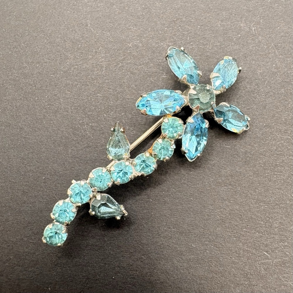 Vintage Floral Flower Blue Rhinestone Brooch Silver Tone 1.75" Dainty Minimalist
